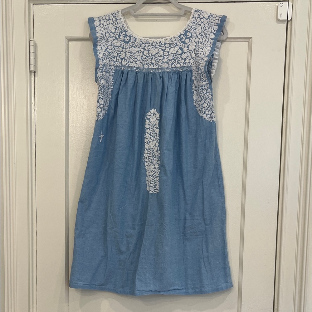 Mi Golondrina Blue and White Embroidered Dress